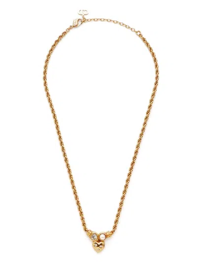 Pre-owned Dior Rhinestone Heart Necklace In 金色