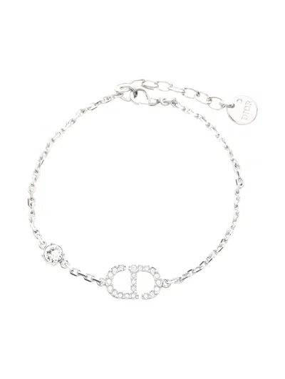 Pre-owned Dior Rhinestone Logo Bracelet In Silver