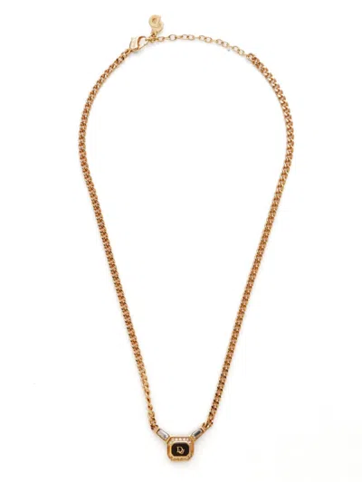 Pre-owned Dior Rhinestone Logo Necklace In 金色