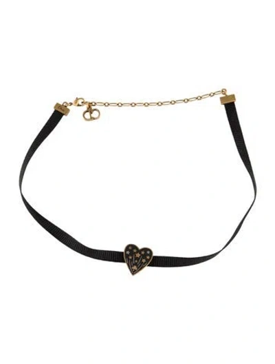 Pre-owned Dior Ribbon Heart Pendant Choker Necklace, 15" In Black