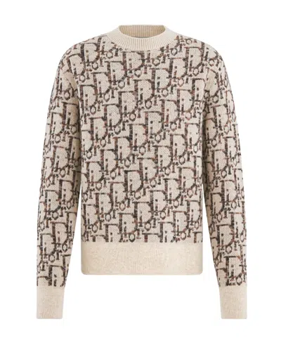 Dior Round Neck Shearing Wool Jacquard Sweater In Beige