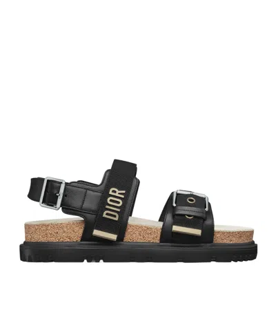 Dior Round-toe Flat Sandals In Black