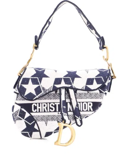 Pre-owned Dior Saddle Bag Logo Embroidered Canvas Medium Shoulder Bag In Blue