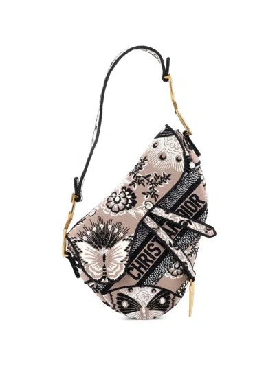 Pre-owned Dior Saddle Bag Logo Embroidered Canvas Medium Shoulder Bag In Neutral