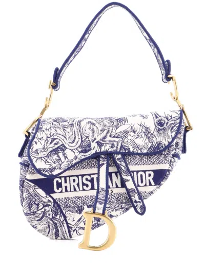 Pre-owned Dior Saddle Bag Logo Embroidered Canvas Medium Shoulder Bag In White
