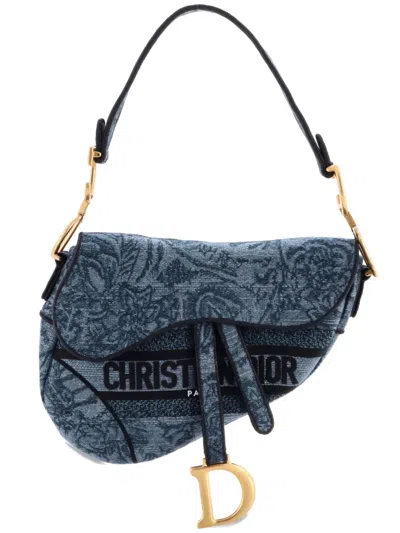 Pre-owned Dior Saddle Bag Logo Embroidered Denim Medium Shoulder Bag In Blue