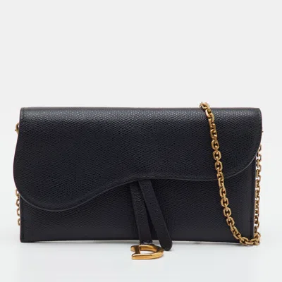 Pre-owned Dior Saddle Black Leather Wallet On Chain