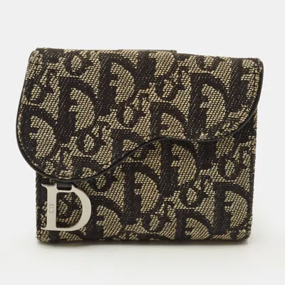 Pre-owned Dior Saddle Black Oblique Canvas And Leather French Wallet