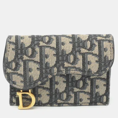Pre-owned Dior Saddle Blue/beige Oblique Canvas Wallet