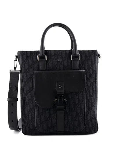 Pre-owned Dior Saddle Buckle Convertible Oblique Canvas And Leather Tall Tote Bag In Black