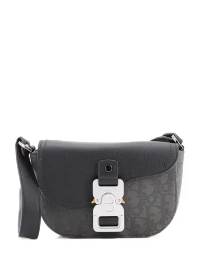 Pre-owned Dior Saddle Buckle Flap Messenger Bag Oblique Canvas And Leather Mini Crossbody Bag In Grey