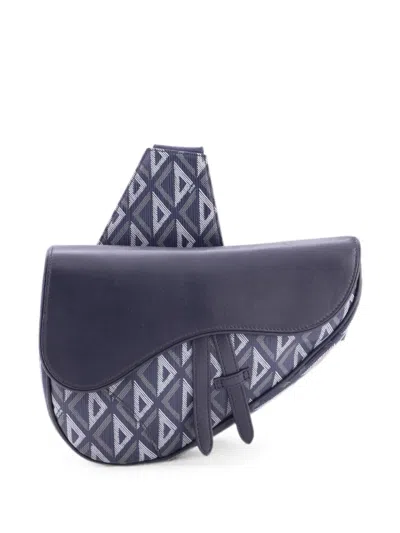 Pre-owned Dior Saddle Cd Diamond Coated Canvas And Leather Crossbody Bag In Blue