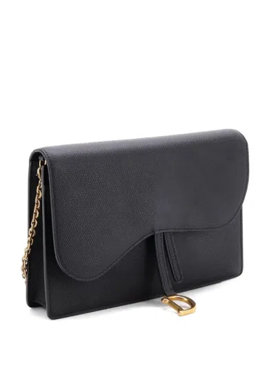 Pre-owned Dior Saddle Chain Leather Clutch Bag In Black