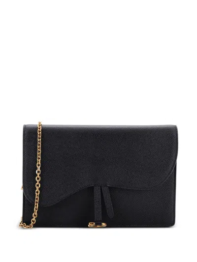 Pre-owned Dior Saddle Chain Leather Clutch Bag In Black