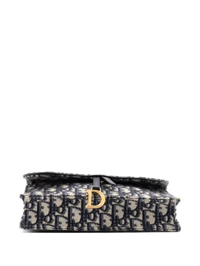 Pre-owned Dior Saddle Chain Oblique Canvas Clutch Bag In Blue