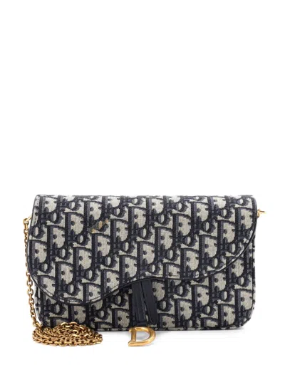 Pre-owned Dior Saddle Chain Oblique Canvas Clutch Bag In Blue