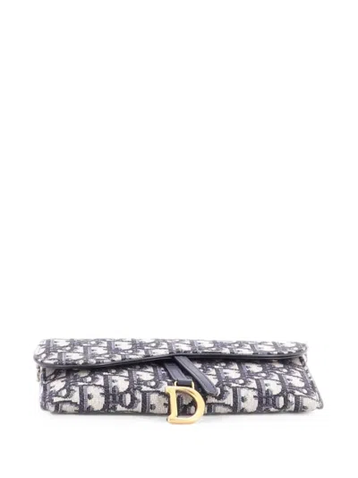 Pre-owned Dior Saddle Chain Oblique Canvas Clutch Bag In Blue