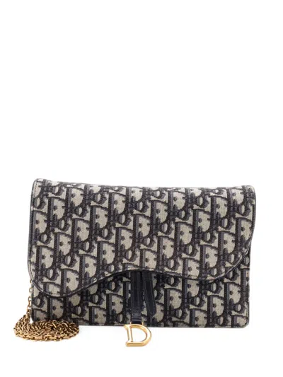 Pre-owned Dior Saddle Chain Oblique Canvas Clutch Bag In Blue