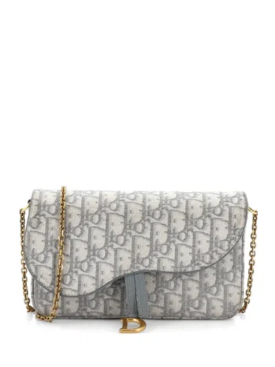 Pre-owned Dior Saddle Chain Oblique Canvas Clutch Bag In Gray
