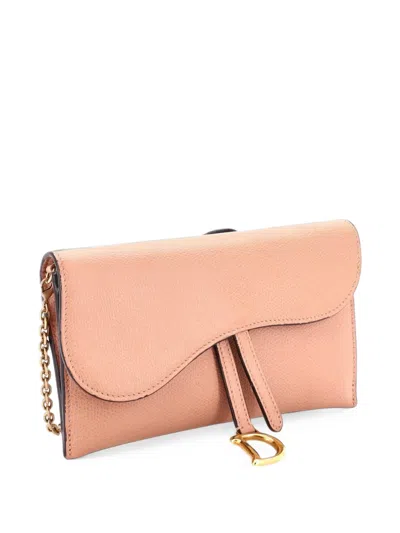Pre-owned Dior Saddle Chain Wallet Leather Clutch Bag In Neutrals