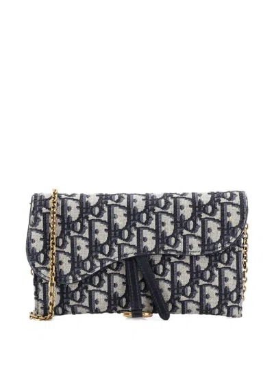 Pre-owned Dior Saddle Chain Wallet Oblique Canvas Crossbody Bag In Blue