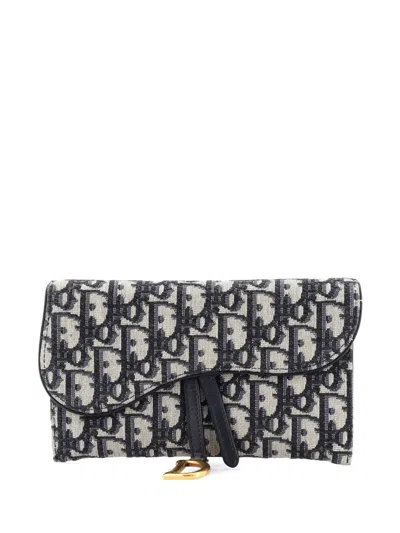 Pre-owned Dior Saddle Chain Wallet Oblique Canvas Crossbody Bag In Blue