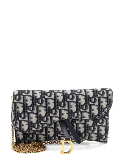 Pre-owned Dior Saddle Chain Wallet Oblique Canvas Crossbody Bag In Blue