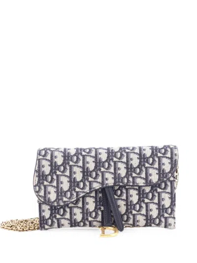 Pre-owned Dior Saddle Chain Wallet Oblique Canvas Crossbody Bag In Blue