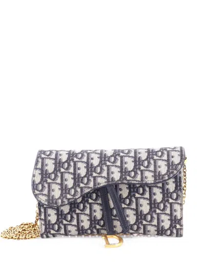 Pre-owned Dior Saddle Chain Wallet Oblique Canvas Crossbody Bag In Blue
