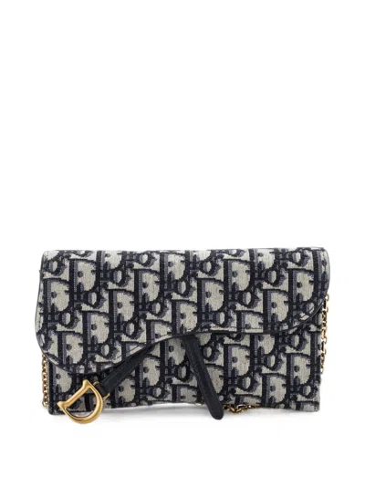 Pre-owned Dior Saddle Chain Wallet Oblique Canvas Crossbody Bag In Blue