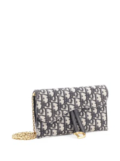 Pre-owned Dior Saddle Chain Wallet Oblique Canvas Crossbody Bag In Blue