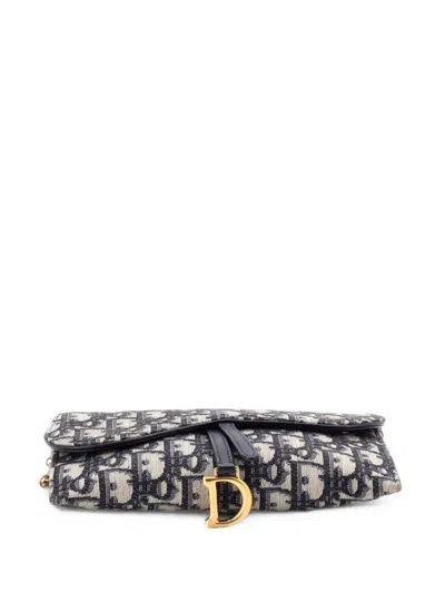 Pre-owned Dior Saddle Chain Wallet Oblique Canvas Crossbody Bag In Blue
