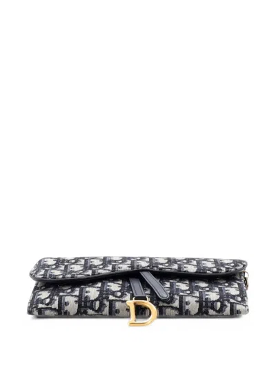 Pre-owned Dior Saddle Chain Wallet Oblique Canvas Crossbody Bag In Blue