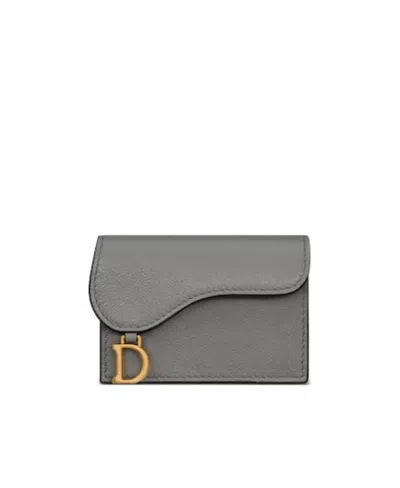 Dior Saddle Flap Card Holder In Gray