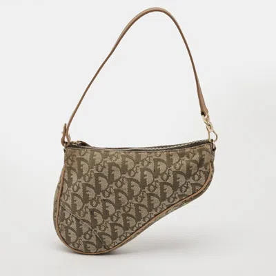 Pre-owned Dior Saddle Green/beige Oblique Canvas And Leather Bag