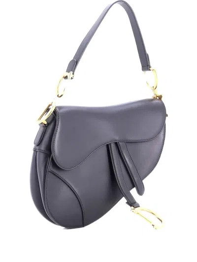 Pre-owned Dior Saddle Handbag Leather Medium Shoulder Bag In Black