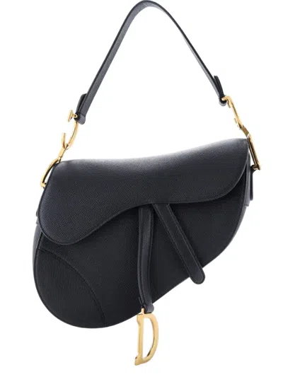 Pre-owned Dior Saddle Handbag Leather Medium Shoulder Bag In Black