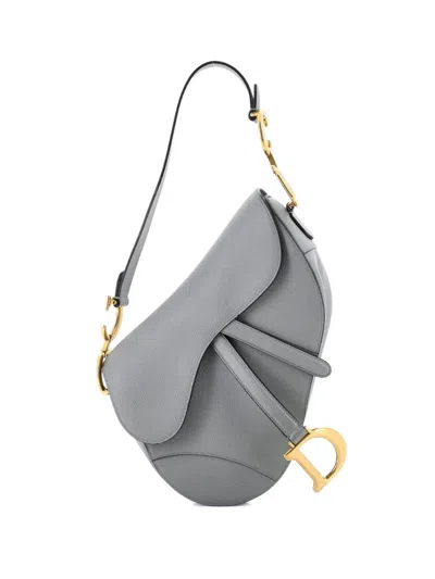 Pre-owned Dior Saddle Handbag Leather Medium Shoulder Bag In Gray