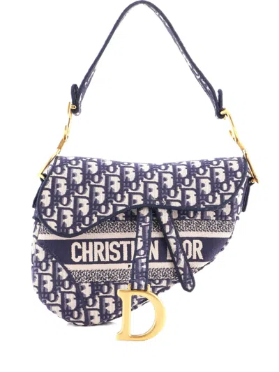 Pre-owned Dior Saddle Handbag Logo Embroidered Oblique Canvas Medium Shoulder Bag In Blue