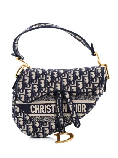 Pre-owned Dior Saddle Handbag Logo Embroidered Oblique Canvas Medium Shoulder Bag In Blue