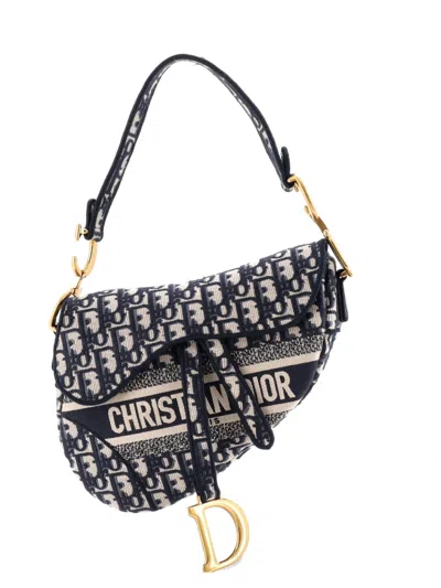 Pre-owned Dior Saddle Handbag Logo Embroidered Oblique Canvas Medium Shoulder Bag In Blue