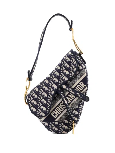 Pre-owned Dior Saddle Handbag Logo Embroidered Oblique Canvas Medium Shoulder Bag In Blue