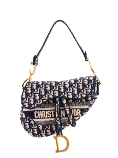 Pre-owned Dior Saddle Handbag Logo Embroidered Oblique Canvas Medium Shoulder Bag In Blue