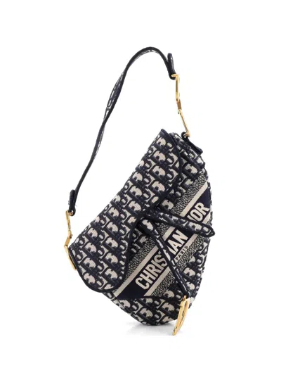 Pre-owned Dior Saddle Handbag Logo Embroidered Oblique Canvas Medium Shoulder Bag In Blue