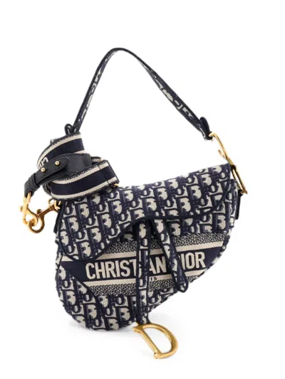 Pre-owned Dior Saddle Handbag Logo Embroidered Oblique Canvas Medium Shoulder Bag In Blue
