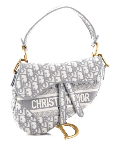Pre-owned Dior Saddle Handbag Logo Embroidered Oblique Canvas Medium Shoulder Bag In Gray