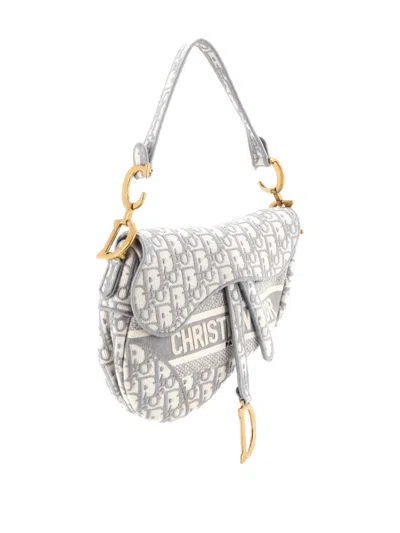 Pre-owned Dior Saddle Handbag Logo Embroidered Oblique Canvas Medium Shoulder Bag In Gray