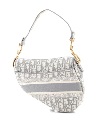 Pre-owned Dior Saddle Handbag Logo Embroidered Oblique Canvas Medium Shoulder Bag In Gray