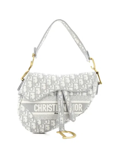 Pre-owned Dior Saddle Handbag Logo Embroidered Oblique Canvas Medium Shoulder Bag In Gray