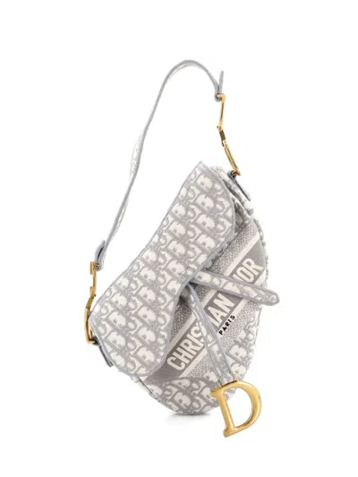 Pre-owned Dior Saddle Handbag Logo Embroidered Oblique Canvas Medium Shoulder Bag In Gray